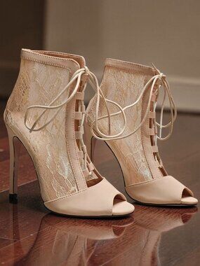 Peep Toe Lace-Up Stiletto Booties With Sheer Lace Panels Nude Beige High Heel An